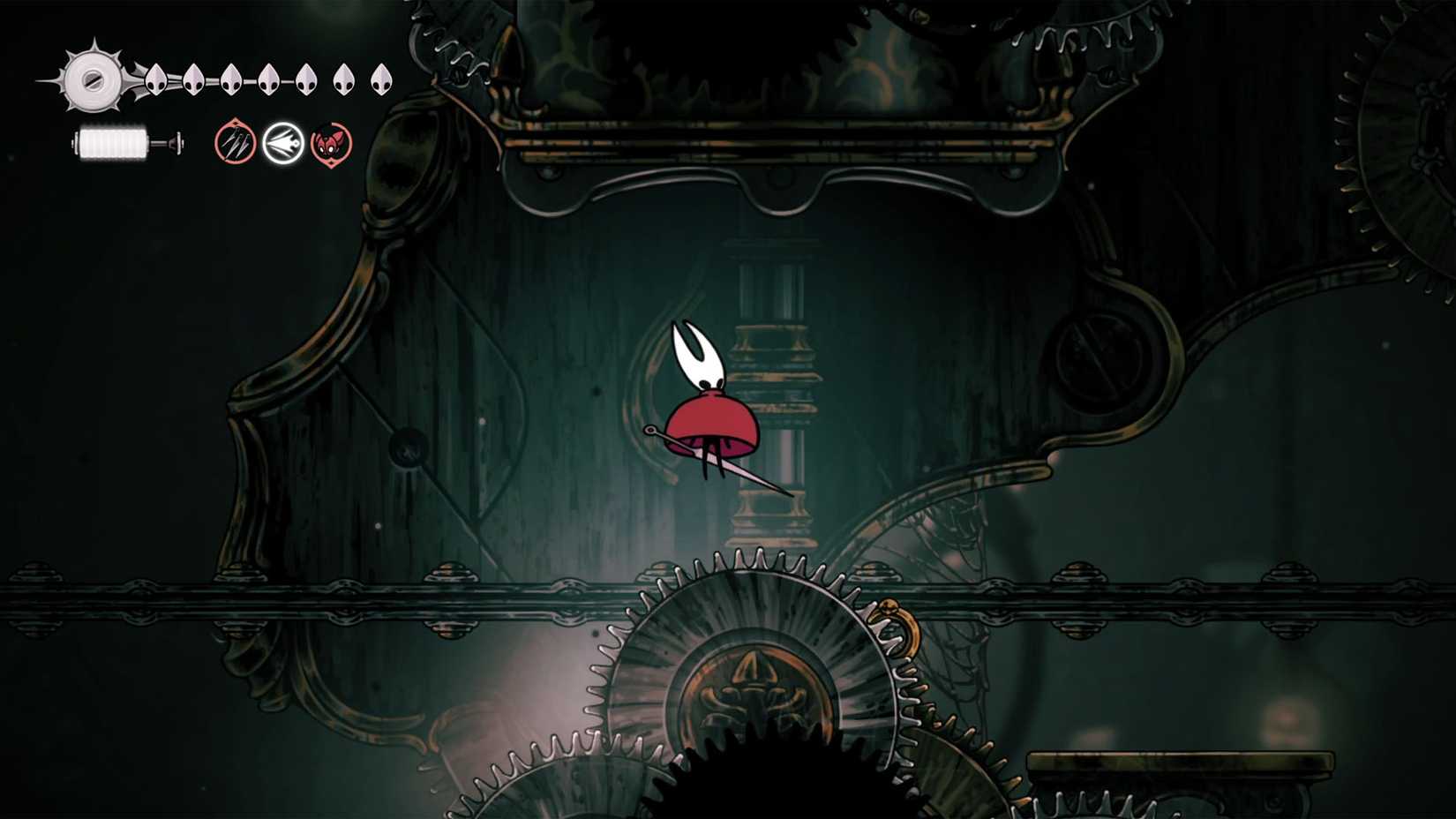 Hornet floating above a spinning gear in Silksong.