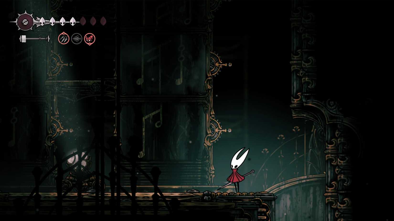 Hornet standing beside a pillar with music notes on it in Silksong.