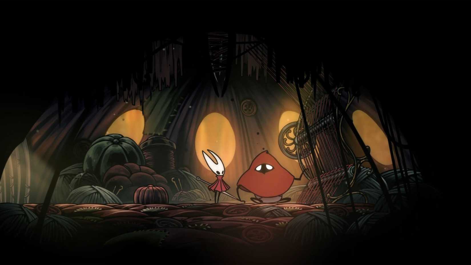 Hornet meeting the Seamstress in Silksong.