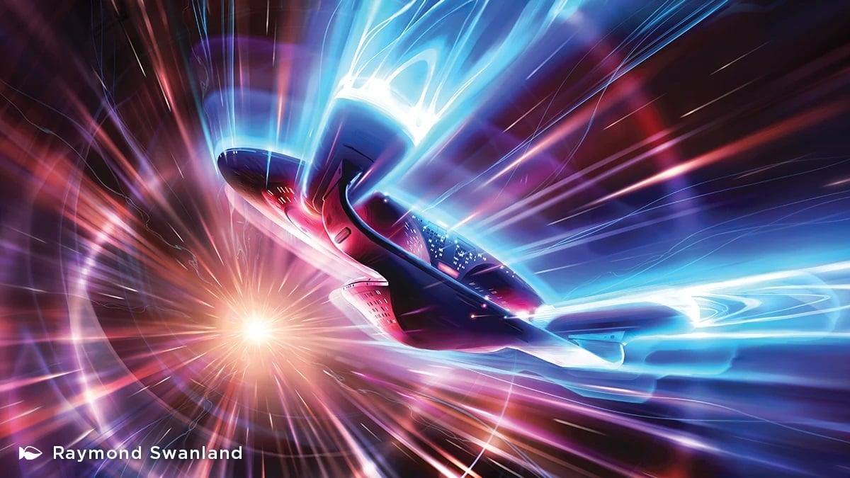 The Enterprise D flies through space. 