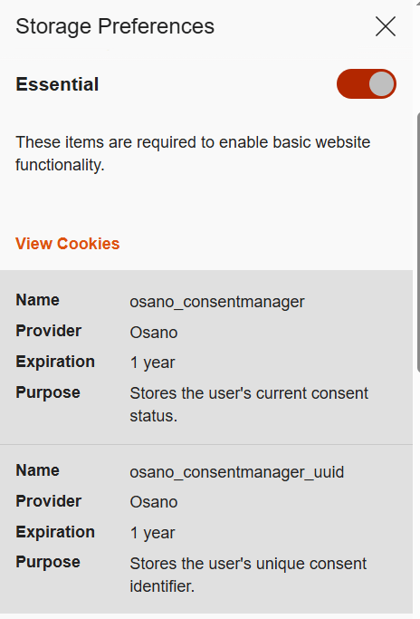 Example of required cookies on the Osano CMP website