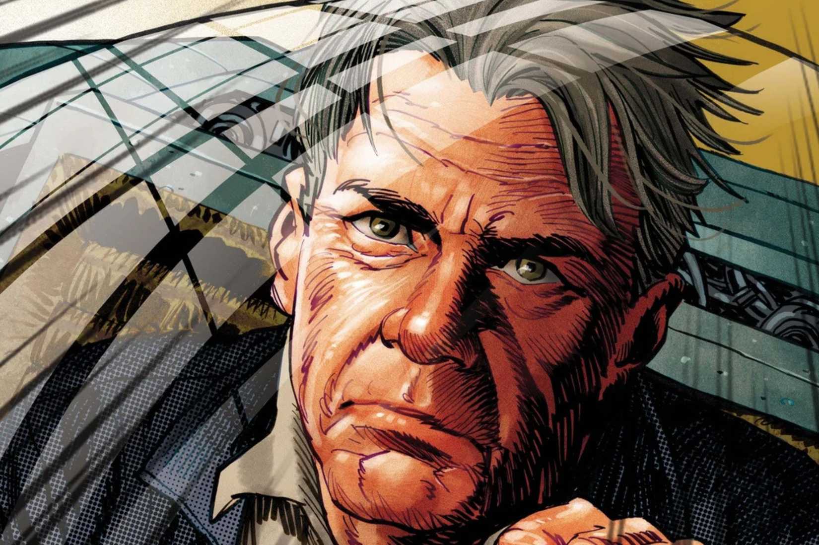 Image of a cover from Han Solo - Hunt for the Falcon. It shows a close up of an older Han Solo looked bedraggled but determined.