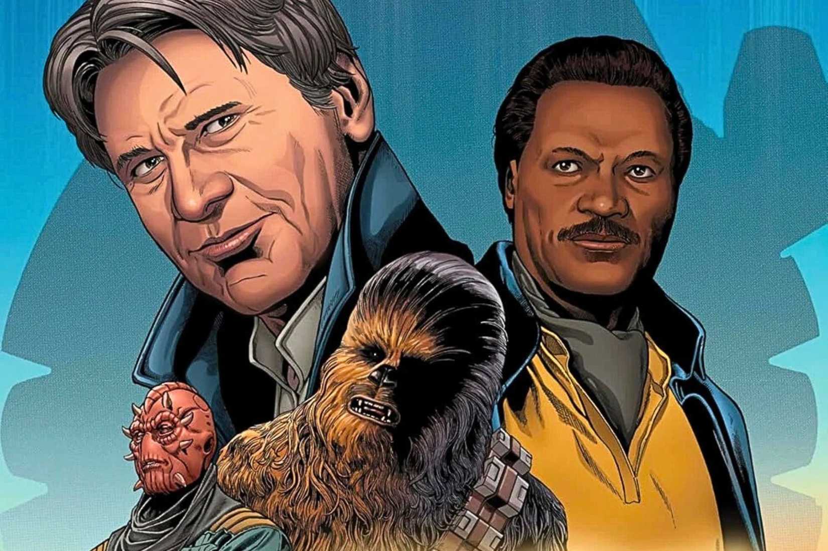 Image from Han Solo - Hunt for the Falcon. It features a more grizzled, haggard and older-looking Han Solo with grey hair, wrinkles and a dark coat. He is joined by an older Lando Calrissian, with his signature yellow shirt and blue cape, as well as Chewbecca, a Wookie.