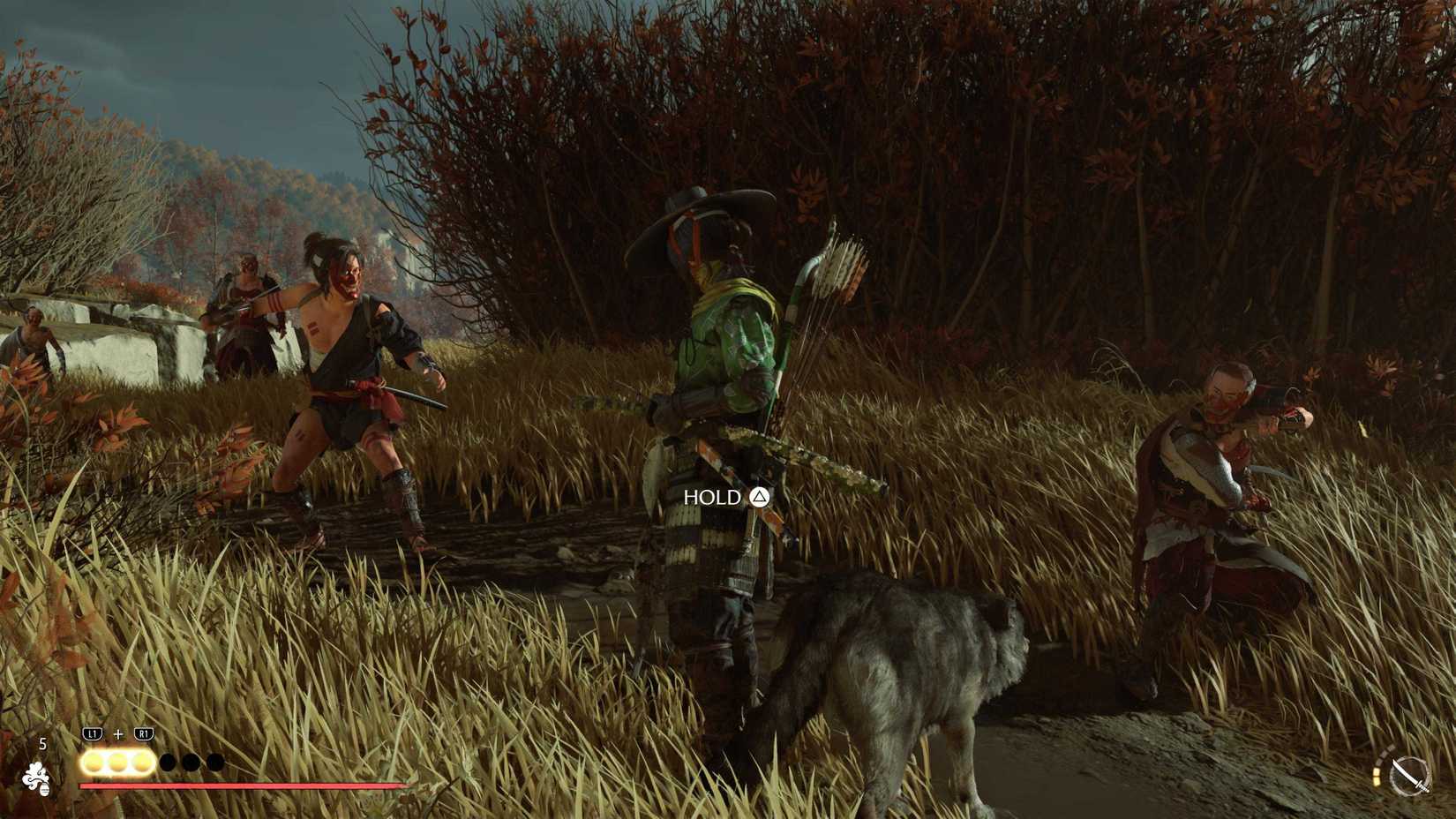 Atsu and her wolf companion in a standoff against enemies in Ghost of Yotei.