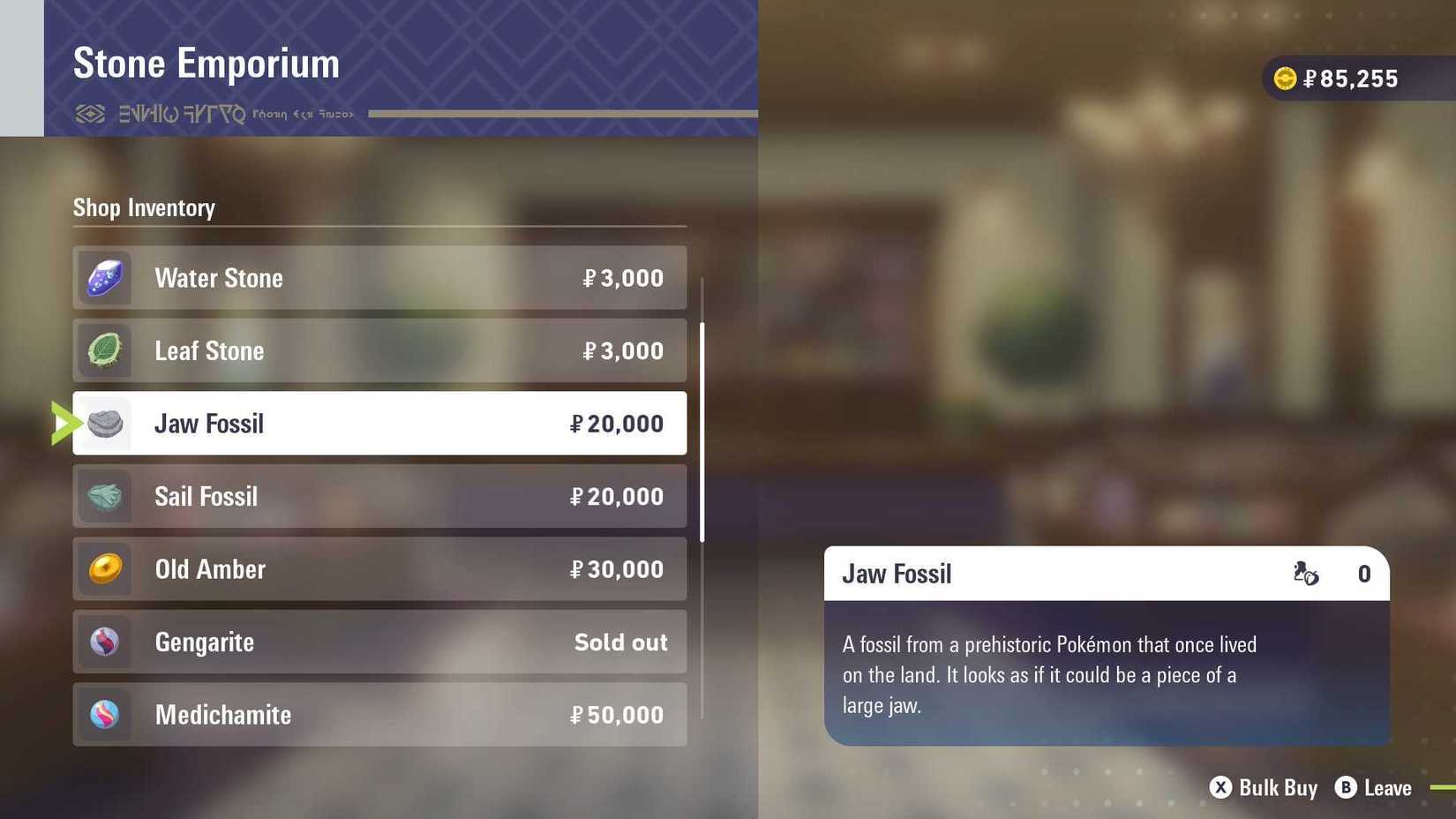 Purchasing fossils from the Stone Emporium in Pokemon Legends Z-A.