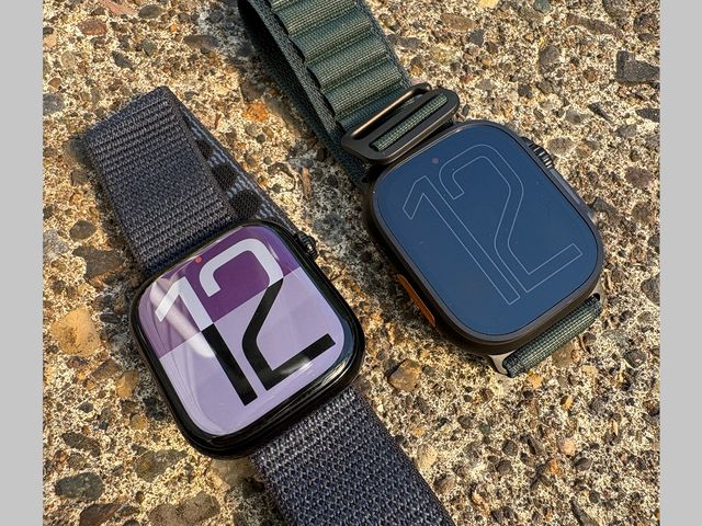 2 smartwatches side by side with large screens and different wristbands