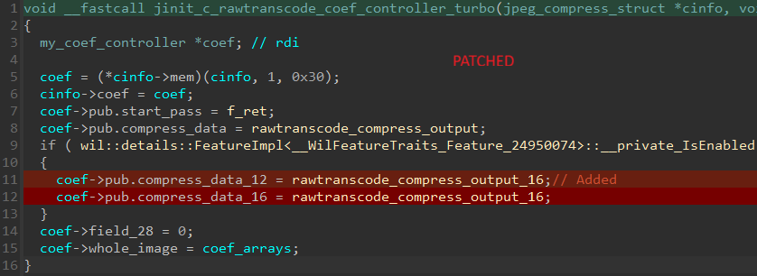 Figure 4. Patched version of jinit_c_rawtranscode_coef_controller_turbo