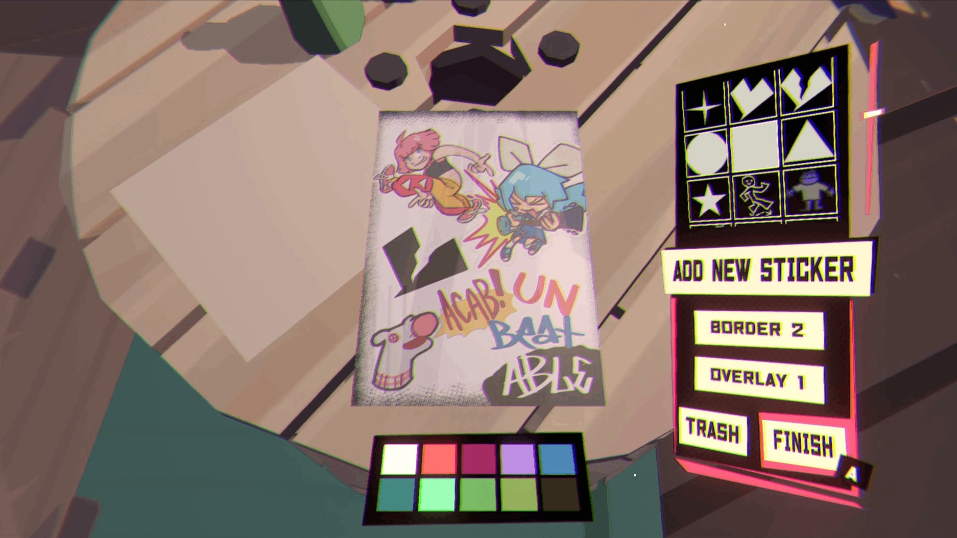 Designing a band poster in an Unbeatable minigame.