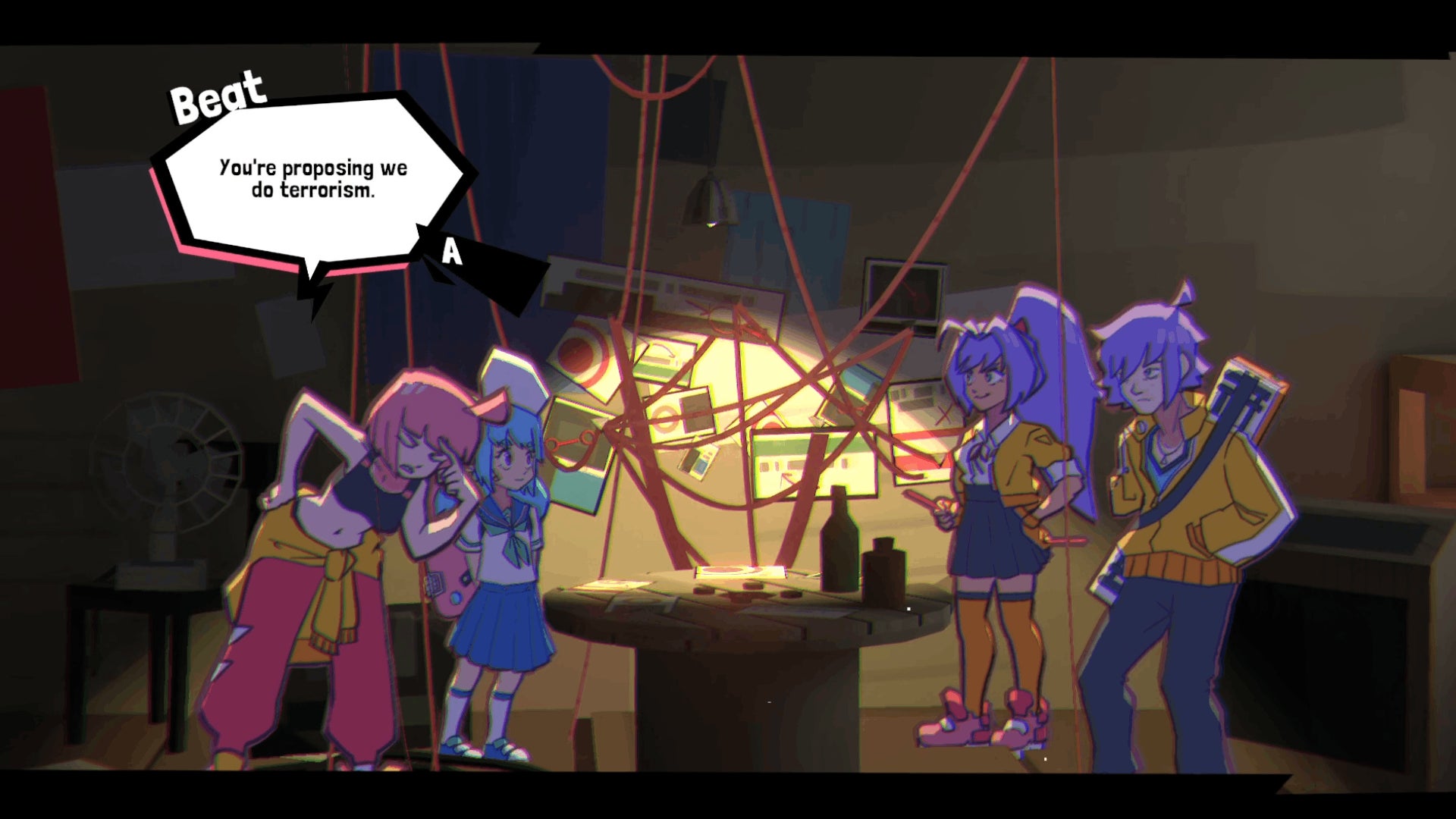 Unbeatable (the band) holds a secret planning meeting in Unbeatable (the game).