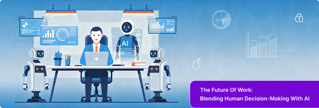 Illustration of an office worker using AI-powered robots and data analytics for business automation and decision-making. 