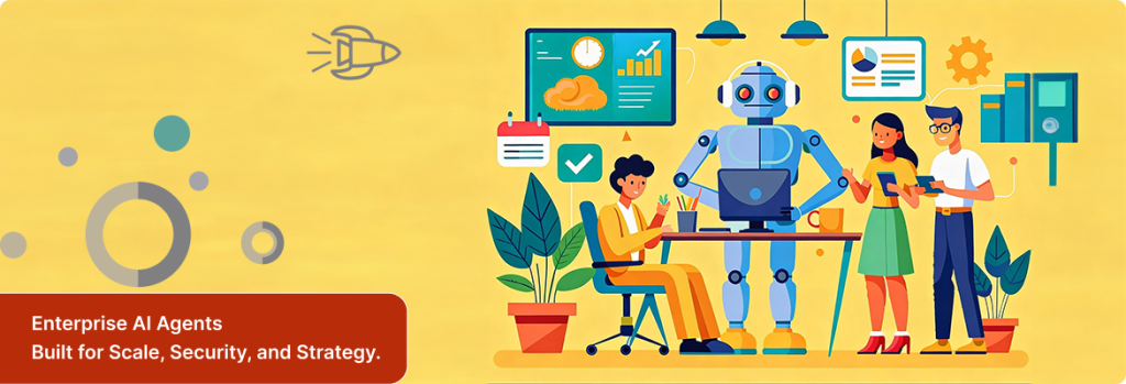 A friendly AI robot customer-service agent assisting two human employees at a workstation, representing enterprise AI agent implementation.